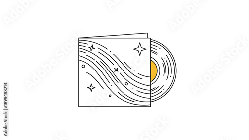 Minimalist line art icon of a vinyl record or CD in a sleeve decorated with stars and waves, representing music and audio.