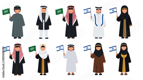 Children in traditional Saudi Arabian and Israeli attire, boys and girls holding the national flags of Saudi Arabia and Israel.
