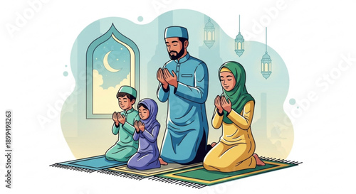 Muslim family praying together on colorful rug in mosque with window and lanterns