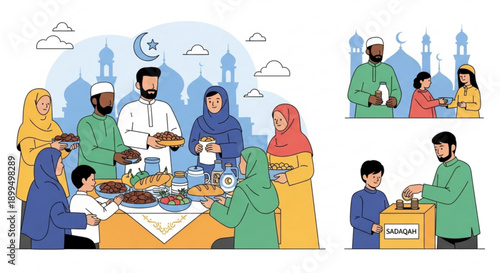 Muslim family breaking fast during ramadan with traditional food and drinks at a festive table