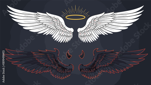 Vector illustration set of good and evil concepts with white angel wings and a halo versus black demon wings and red horns.
