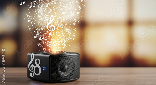Black speaker with white treble clef symbol emitting musical notes and sparks on wooden surface