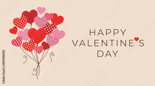 Valentine's Day greeting card with a bouquet of heart-shaped pink and red balloons on a warm beige background