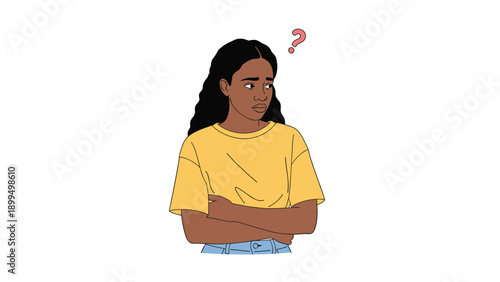 Vector illustration of a confused young black woman with arms crossed and a question mark above her head, looking pensive and thoughtful.