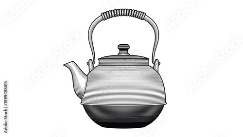 Highly detailed black and white illustration of a traditional Japanese cast iron teapot, or tetsubin, in a classic woodcut engraving style.