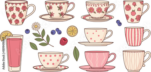 Floral Tea Cup And Coffee Mug Set With Saucer Glass Drink And Berry Decorations In Pastel Vector Illustration