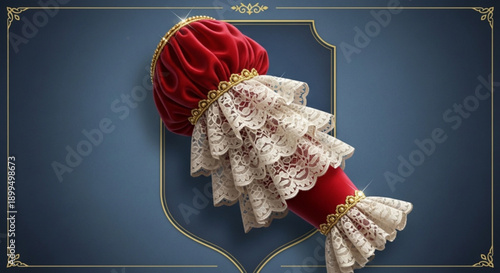 Luxurious champagne bottle with lace and ruffles on blue background elegant decoration sophisticated luxury fine dining celebration festive atmosphere