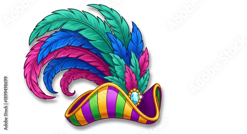 Vibrant mardi gras mask with colorful feathers and striped design on white background for carnival celebrations
