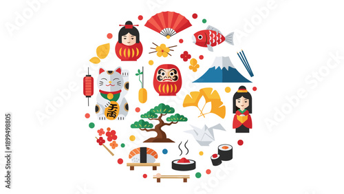 A circular collage of flat design icons representing Japanese culture, including a lucky cat, daruma doll, Mount Fuji, and sushi.
