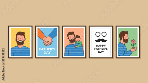 Father's Day collage on a warm beige wall featuring illustrated portraits in frames, a thumbs-up hand, and a Happy Father's Day card