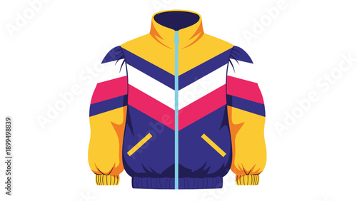 A vibrant and colorful retro 80s or 90s style windbreaker jacket with bold geometric patterns, isolated on a white background.