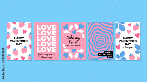 Set of six pink Valentine's Day cards featuring love-themed illustrations, hearts and floral patterns on a bright blue background