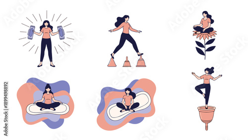 A set of illustrations depicting women in various poses related to menstruation, promoting feminine hygiene and body positivity concepts.