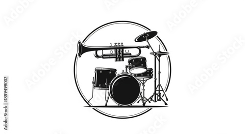 Drum set and trumpet in a circle musical instruments for music production and performance in a minimalist style
