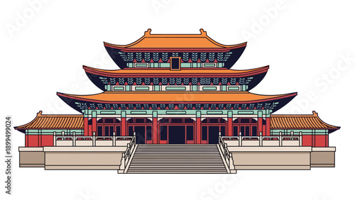 A detailed and colorful vector illustration of a traditional chinese temple or palace with intricate architectural details and stairs.