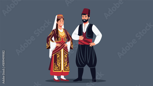 A vector illustration of a Turkish couple dressed in ornate, traditional Ottoman-era clothing against a plain, dark background for display.
