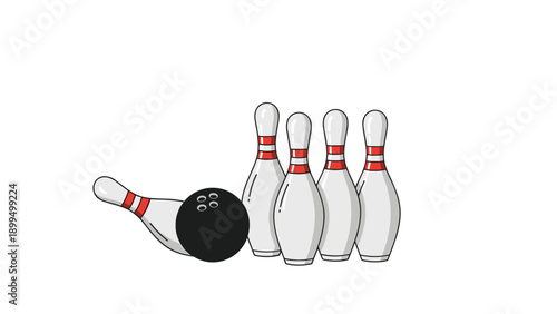A simple cartoon vector illustration of a bowling ball knocking over one pin, with four other pins still standing on the alley.