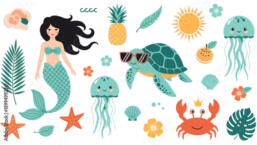 A summer-themed collection of cute sea elements, including a mermaid, a turtle with sunglasses, jellyfish, a crab, and tropical leaves.