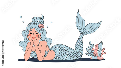 A beautiful and dreamy illustration of a mermaid with blue hair lying down, surrounded by bubbles and coral on the ocean floor.
