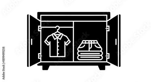 This black vector icon represents a clothing wardrobe or closet with hanging shirts and folded garments. It symbolizes fashion organization, wardrobe storage, clothing management, and lifestyle planni