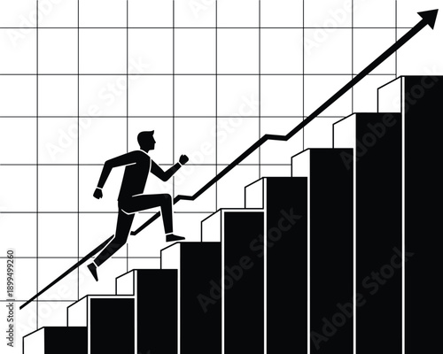 Business growth concept illustration showing entrepreneur running up bar chart with upward arrow representing success profit progress analytics strategy finance