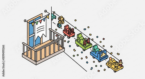 Colorful cartoon illustration of people riding toy cars on a track from a platform with a banner