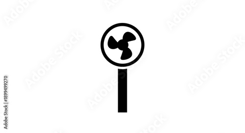 This black vector icon features a standing electric fan symbol, representing ventilation, cooling, airflow, and temperature control. It is commonly used for concepts related to home appliances, climat