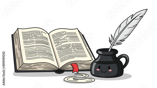 A charming cartoon illustration of an open book next to a kawaii-style inkwell with a smiling face and a feather quill pen.