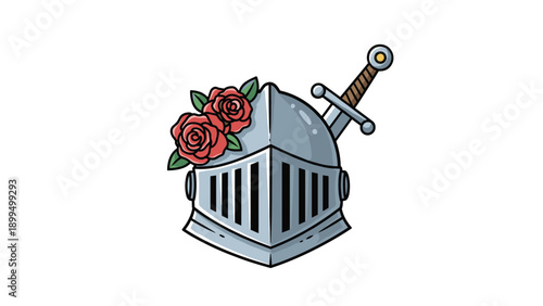 A cool tattoo-style illustration of a medieval knight's helmet decorated with red roses and pierced by a sword from behind.