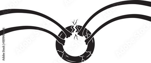 Broken chain link with cracked and fractured metal pieces