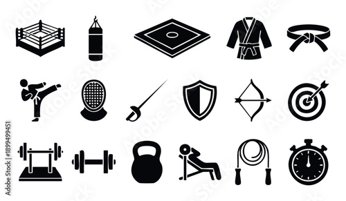 A comprehensive set of sport and fitness icons showcasing various athletic disciplines including martial arts, boxing, archery, and gym equipment for diverse graphic applications.
