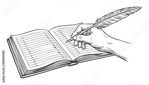 A detailed black and white drawing of a hand holding a quill pen diligently writing in an open ledger book, perfect for historical documents, academic themes, or business record keeping