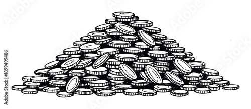 A towering mountain of hand drawn coins symbolizes wealth accumulation and financial success, ideal for illustrating economic growth and investment concepts in business presentations and