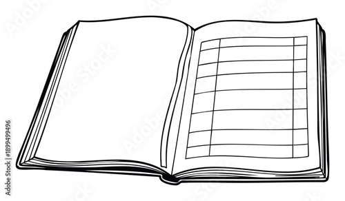 Open book with a blank page and a structured grid on the opposite side serves as a clear graphic for various educational, business, and data organization purposes.