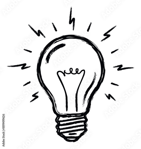 Hand drawn brush stroke light bulb glowing with lightning bolts representing a new idea or thinking for creative problem solving and innovation