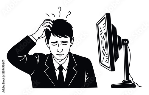 Businessman grappling with a complex problem at work scratching his head in frustration while looking at a computer monitor ideal for articles on workplace challenges or technical