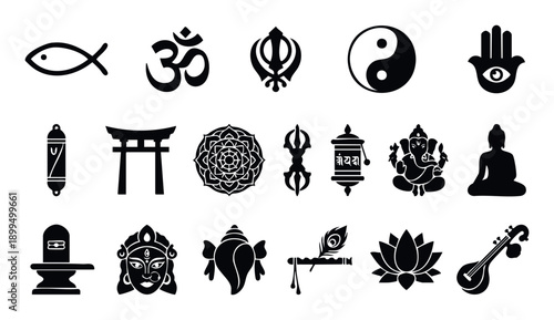 Comprehensive collection of spiritual and religious symbols presented as sleek silhouette icons, perfect for illustrating global faiths, cultural diversity, and spiritual journeys across