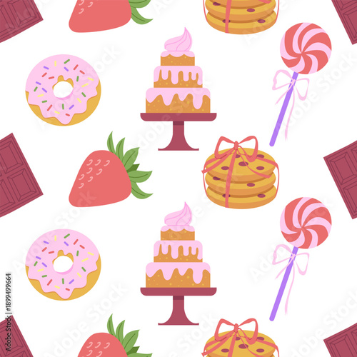 Sweet bakery seamless pattern with ookies, candy, chocolate, strawberry, cake. Flat vector illustration.