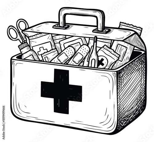 Medical first aid kit filled with essential emergency supplies for health care and personal wellbeing, ideal for informational graphics and safety awareness campaigns
