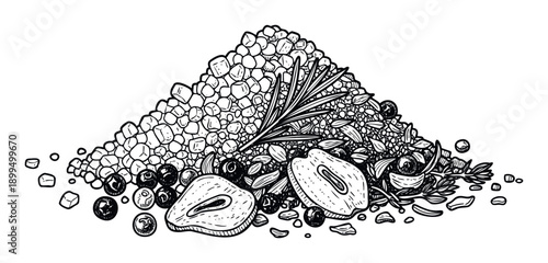 Black and white line drawing of a gourmet ingredients mix including coarse salt, fresh blueberries, fragrant rosemary, and sliced fruit, excellent for cooking concepts and food publications.