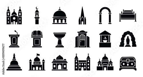 Diverse religious buildings and sacred objects icons presented in black silhouette for spiritual concepts, cultural heritage, and educational graphic resources