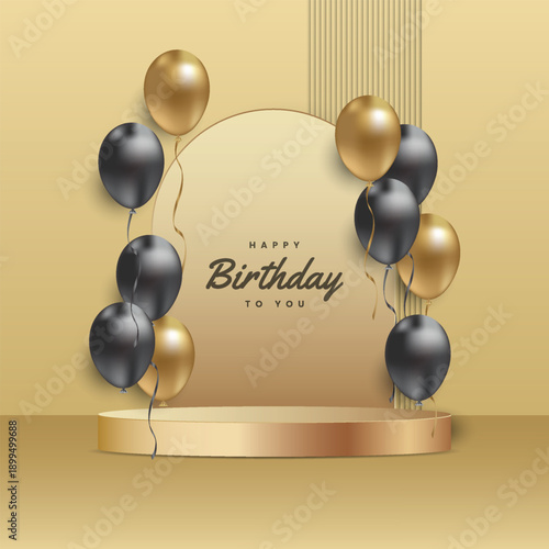 Happy birthday with gold podium, floating balloons elements for elegant background illustration.