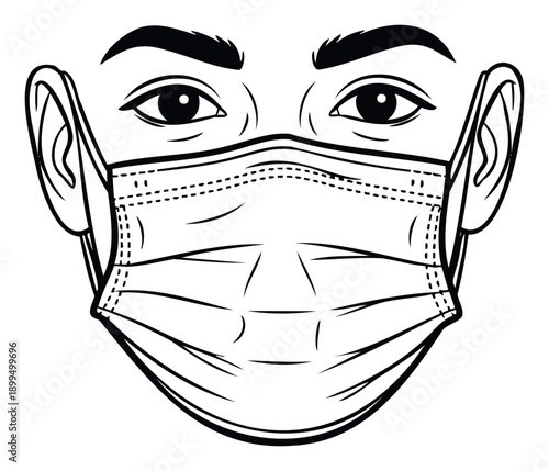 A person wearing a protective medical face mask covering the nose and mouth to prevent illness spread, useful for health education and public awareness campaigns.