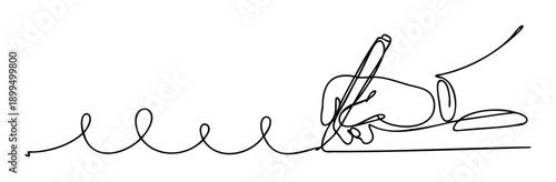 Minimalist single line drawing depicting a human hand grasping a writing instrument and creating a fluid wavy trace, useful for concepts of creativity, writing, learning, or personal touch