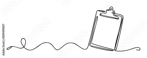 One continuous line drawing of a blank clipboard with paper, perfect for conveying concepts of tasks, lists, or notes in business presentations or educational materials.