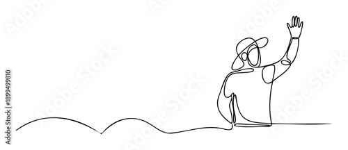 Continuous line drawing of a figure in a hat raising a hand, conveying ideas of greeting, participation, or help, ideal for contemporary graphic designs.