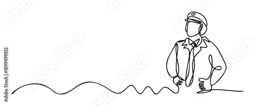 Sleek single line drawing of a person in a uniform and cap with hands on hips, representing authority and leadership for professional graphic projects and corporate communication materials