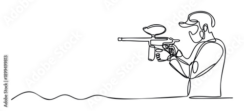 Continuous single line drawing depicting an individual aiming a paintball marker, ideal for extreme sports branding, adventure park marketing, or competitive gaming event invitations