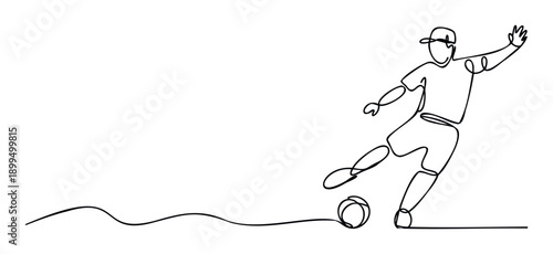 Dynamic one line sketch of a footballer engaging in a powerful kick, ideal for modern sport advertisements, social media visuals, and active lifestyle campaigns.