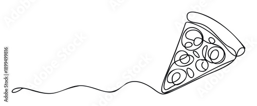 Minimalist one line drawing of a delicious pizza slice with abstract toppings, perfect for modern restaurant branding, food related publications, or contemporary kitchen decor applications.
